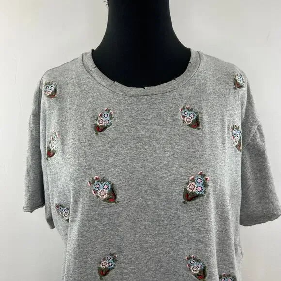 REBECCA MINKOFF Floral Embroidered T-Shirt Top Tee Gray Cotton Crewneck Size L - Picture 3 of 9